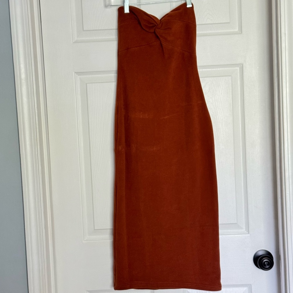 OGL Burnt Orange Strapless Twist Front Midi Dress Size Small